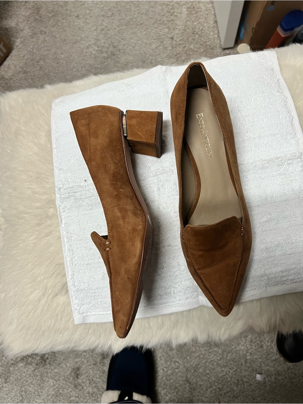 Enzo Angiolini Chestnut Suede Pointed Toe Low Block Heel Loafers